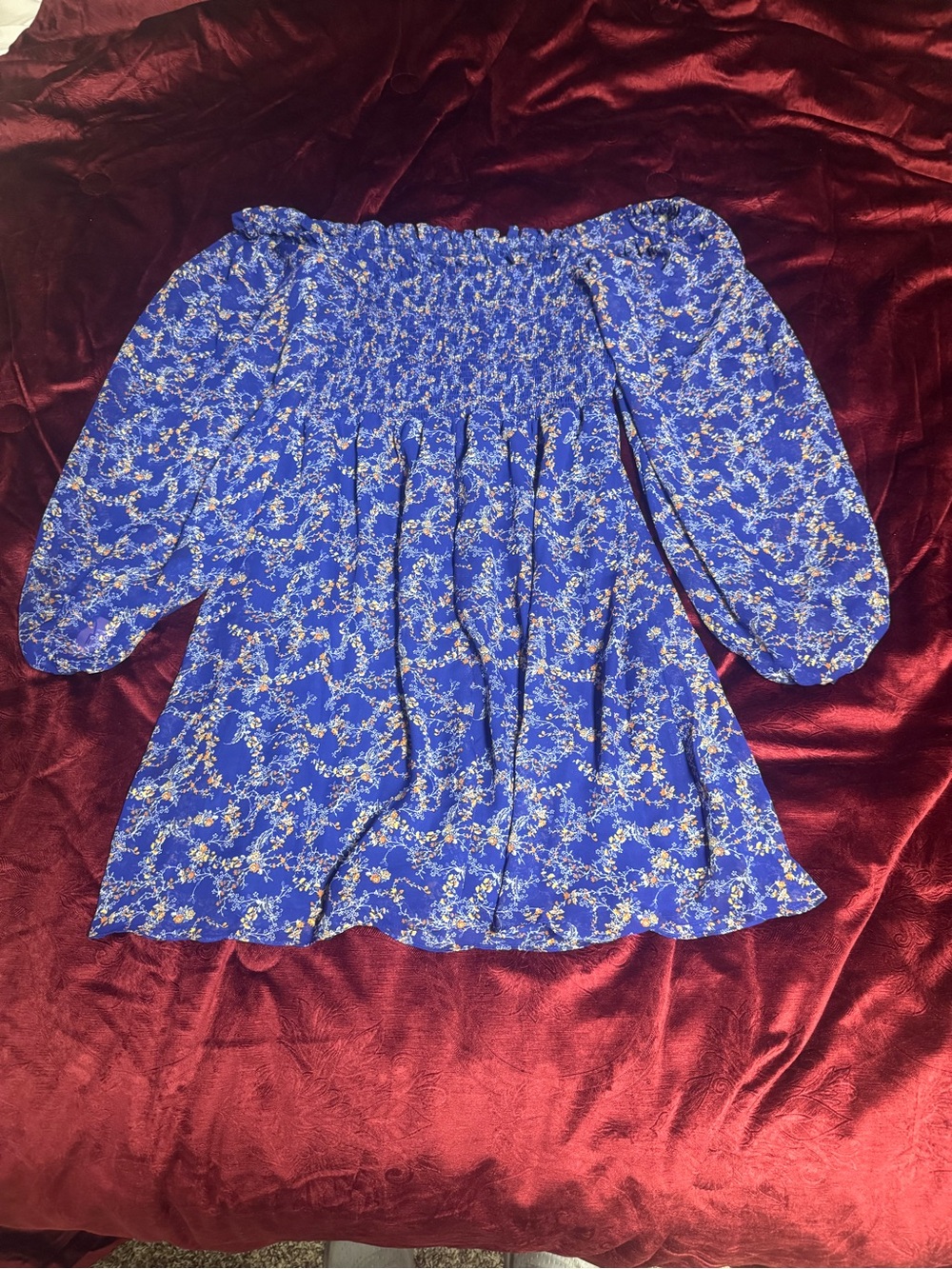 BCBG Blue Floral Smocked Off-Shoulder Top